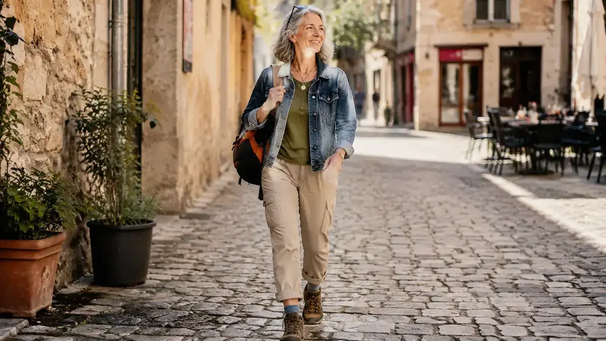 Woman in her 60s walking through an old European city on a cobblestone street, comfortable stride, compression socks visible at the ankle