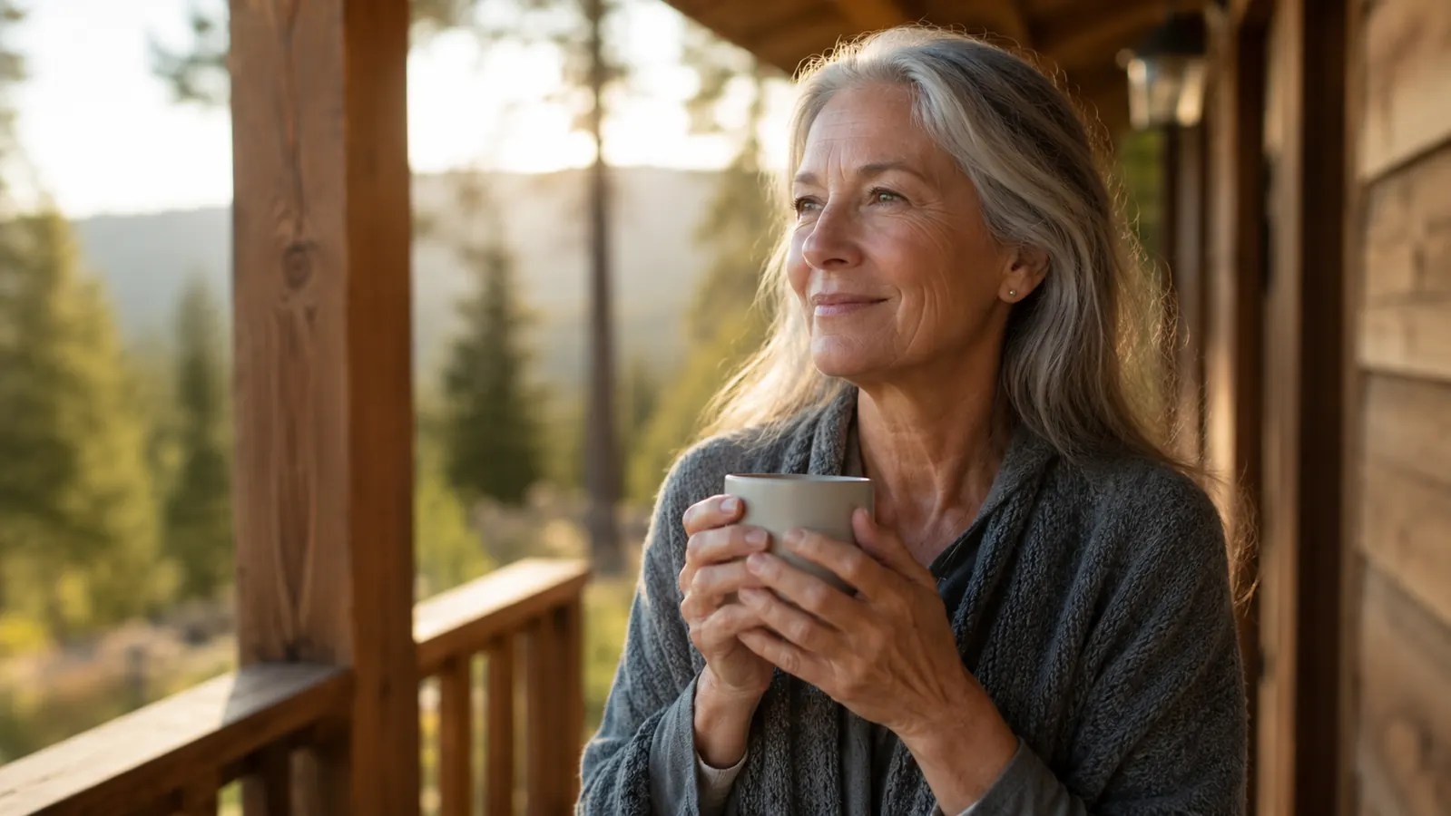 A woman in her early sixties sits on a sunlit porch with a mug of tea, looking rested and calm in the early morning