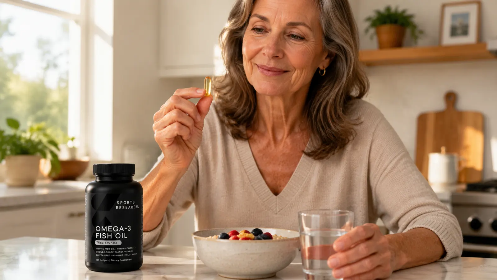 Hand holding a large oval softgel capsule of Sports Research Omega-3 fish oil over a morning breakfast setting
