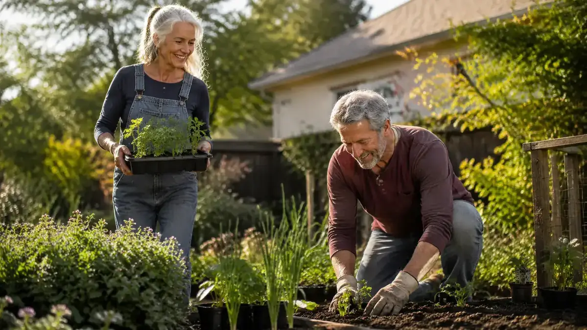 Older couple gardening together in a sunny backyard, both smiling and moving comfortably