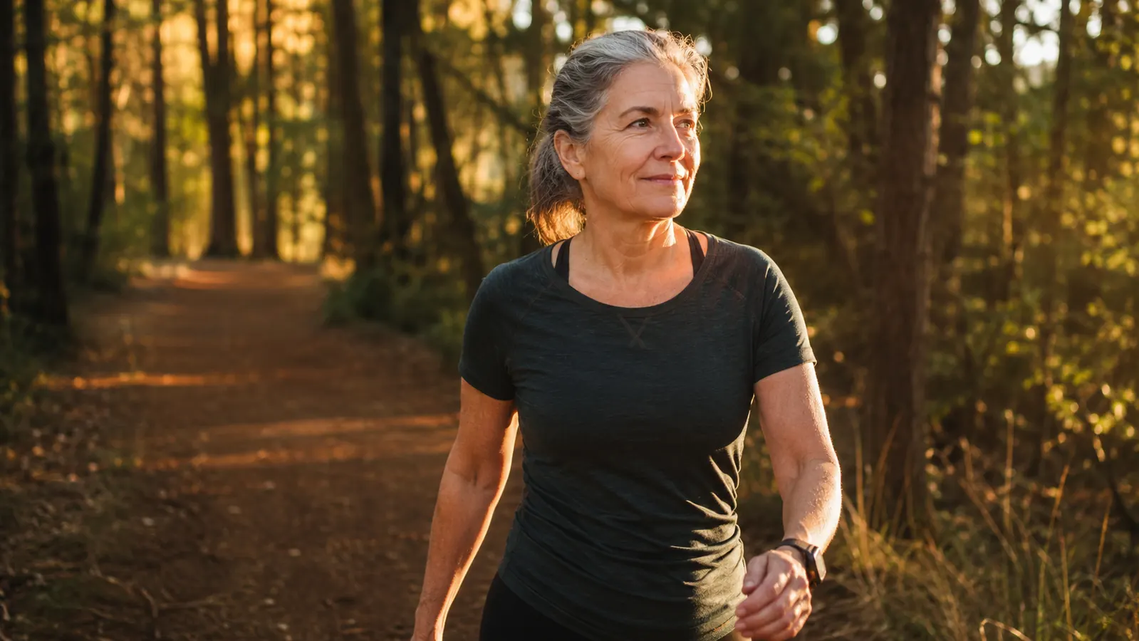 Active woman in her early 60s walking a trail at golden hour, looking energetic and relaxed