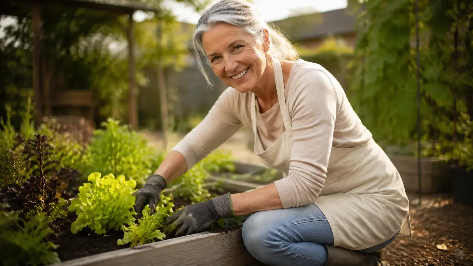 Older woman in garden gloves kneeling by a raised flower bed, smiling and alert, morning sun behind her