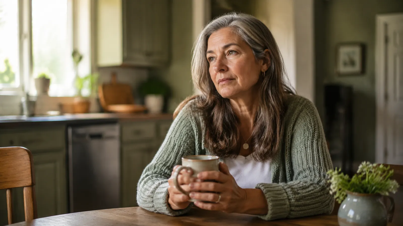 Active woman in her early 60s sitting at a kitchen table in morning light, looking tired, holding a coffee mug with both hands