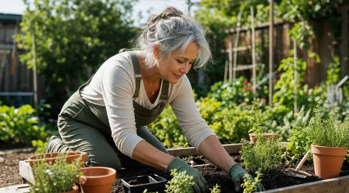 An older woman with grey hair kneeling comfortably in a raised garden bed, planting seedlings on a bright morning, surrounded by green plants and garden tools