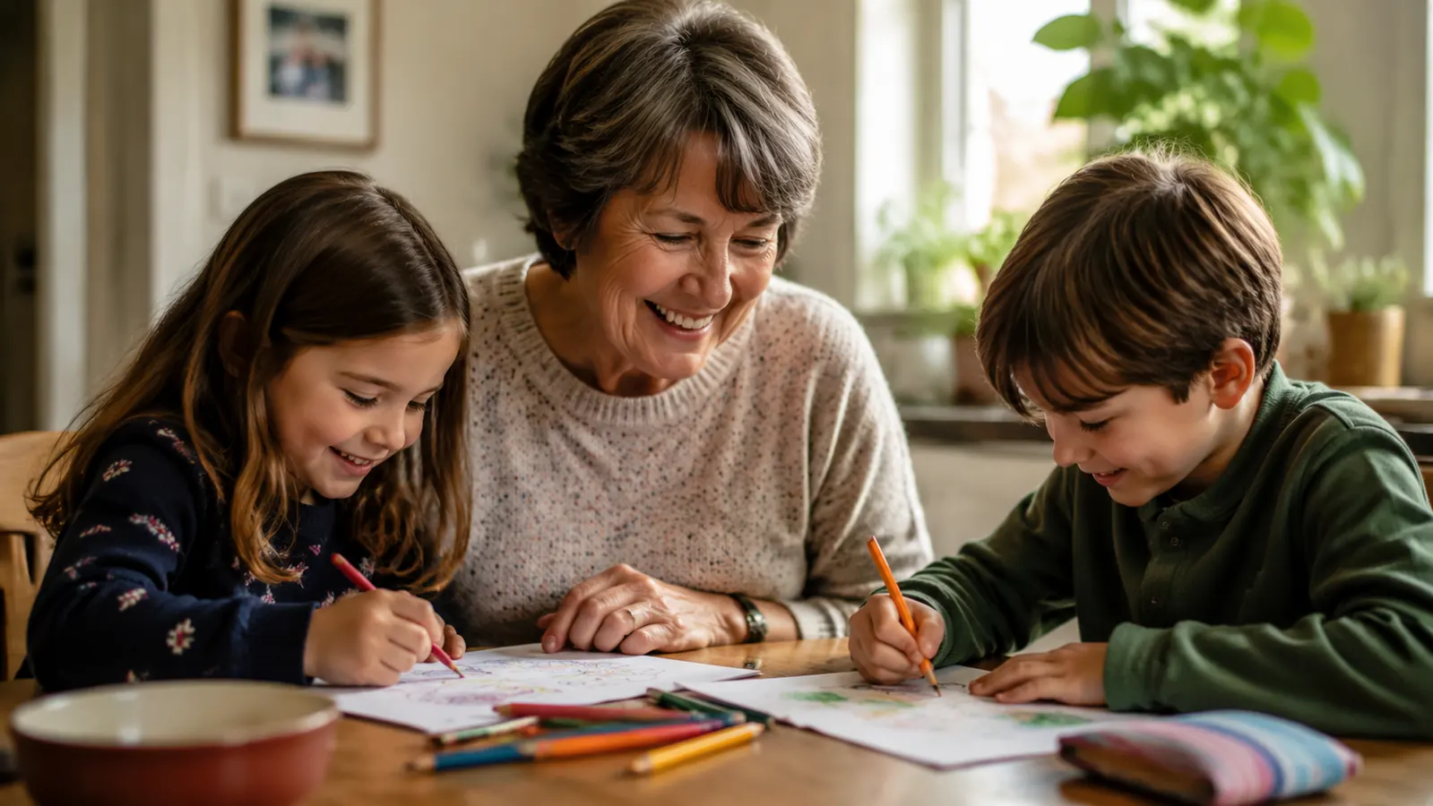 Grandmother and two young grandchildren doing a craft project at a kitchen table in the afternoon, all three engaged and smiling