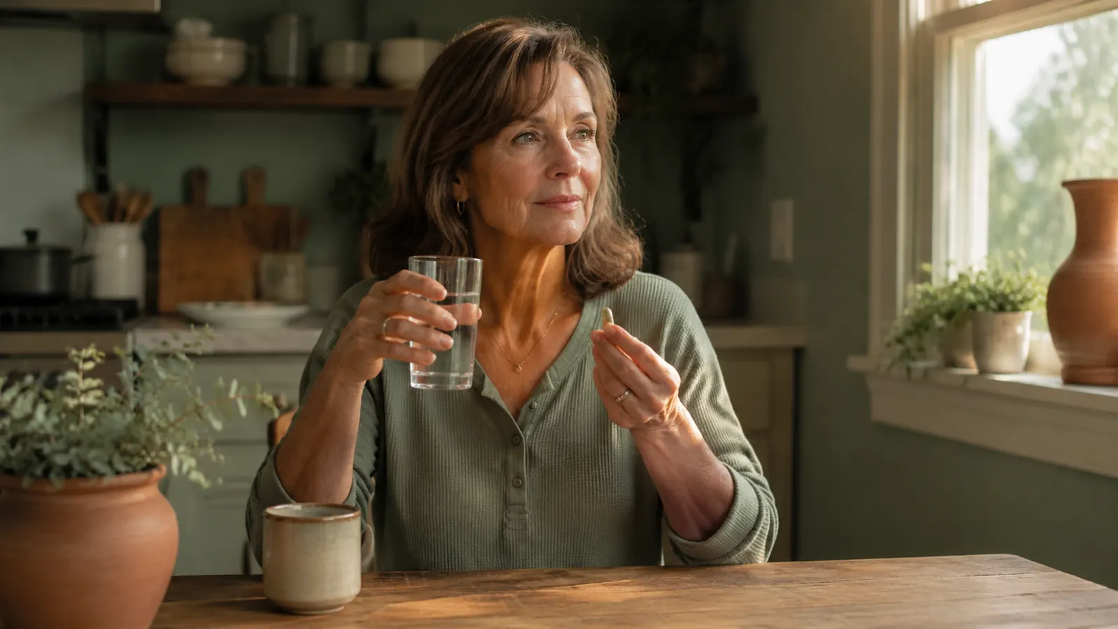 Woman in her early sixties sitting at a kitchen table in the late morning, holding a glass of water and a supplement capsule, looking relaxed and alert in warm natural light