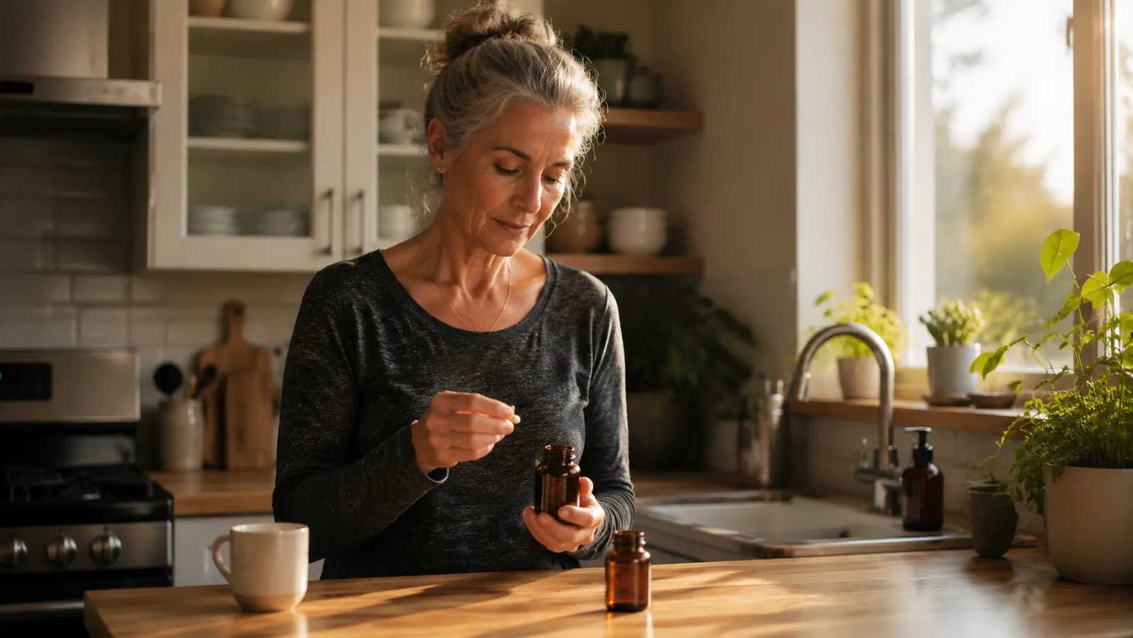 Two supplement bottles side by side on a wooden kitchen counter, morning light through window behind them