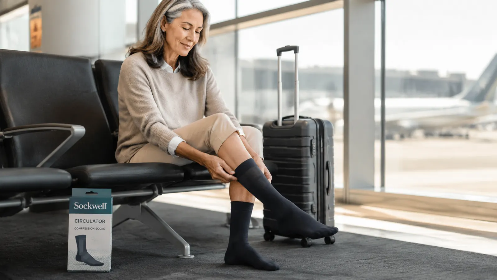 Close-up of a woman in her 60s pulling on Sockwell Circulator compression socks while seated near a window before a flight