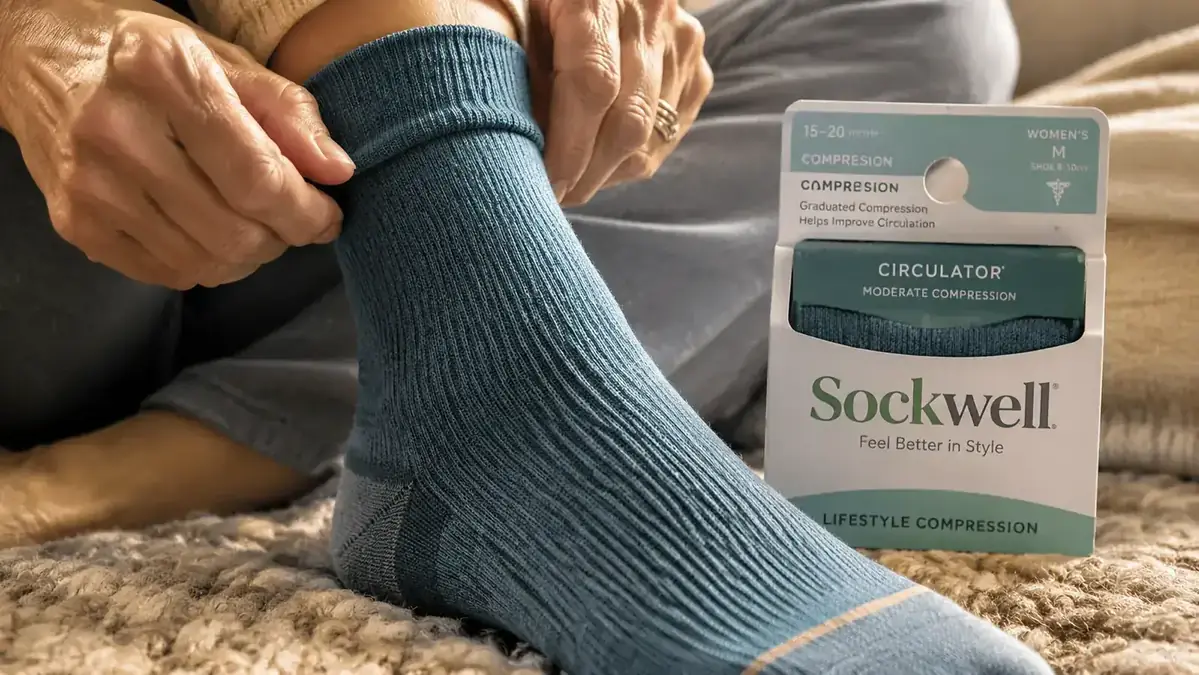 Close-up of the ribbed merino wool fabric on a Sockwell Circulator compression sock, showing the texture and knit pattern