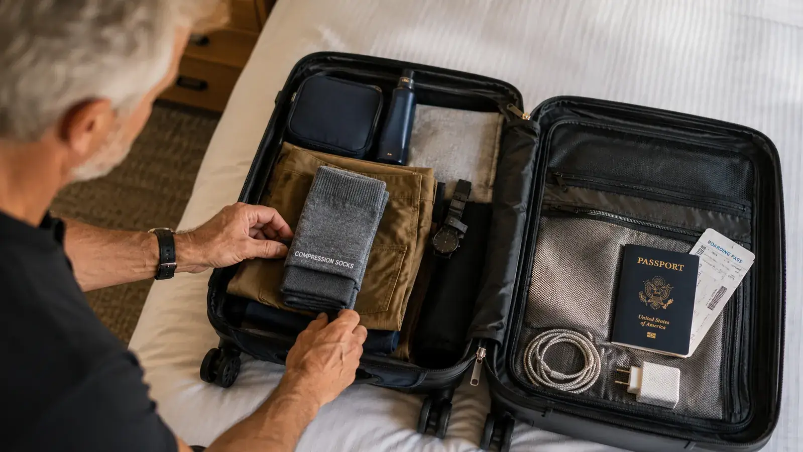 Overhead view of a carry-on suitcase being packed on a bed, with a pair of compression socks laid out next to travel items including a passport and boarding passes