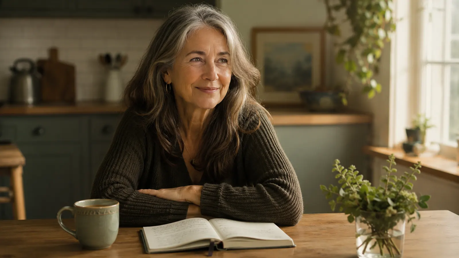 Woman in her early sixties sitting at a sunlit kitchen table with a cup of tea and an open journal, looking thoughtful and content