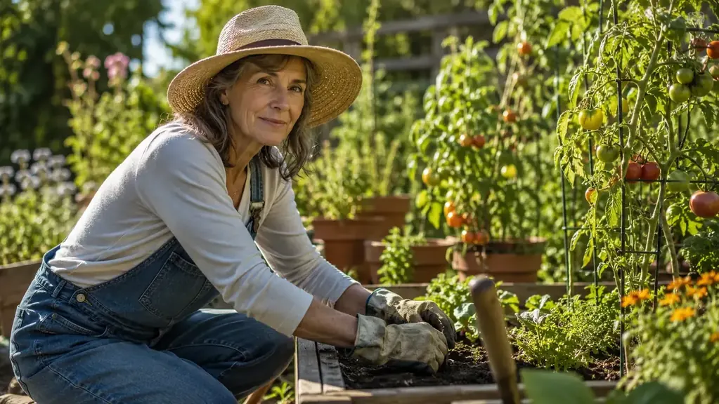 Woman in her early sixties kneeling in a garden bed, gloved hands pressing soil around a plant, morning light across her face, expression calm and focused