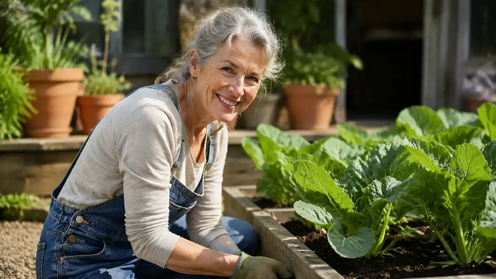 Woman in her early sixties kneeling comfortably in a sunny vegetable garden, hands in dark soil, looking relaxed and focused