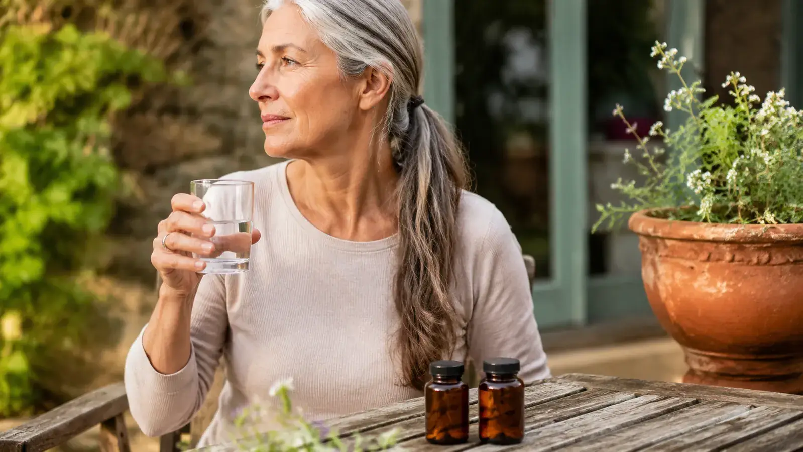 Two supplement bottles side by side on a wooden garden table with soft morning light, one labeled glucosamine chondroitin, one labeled turmeric