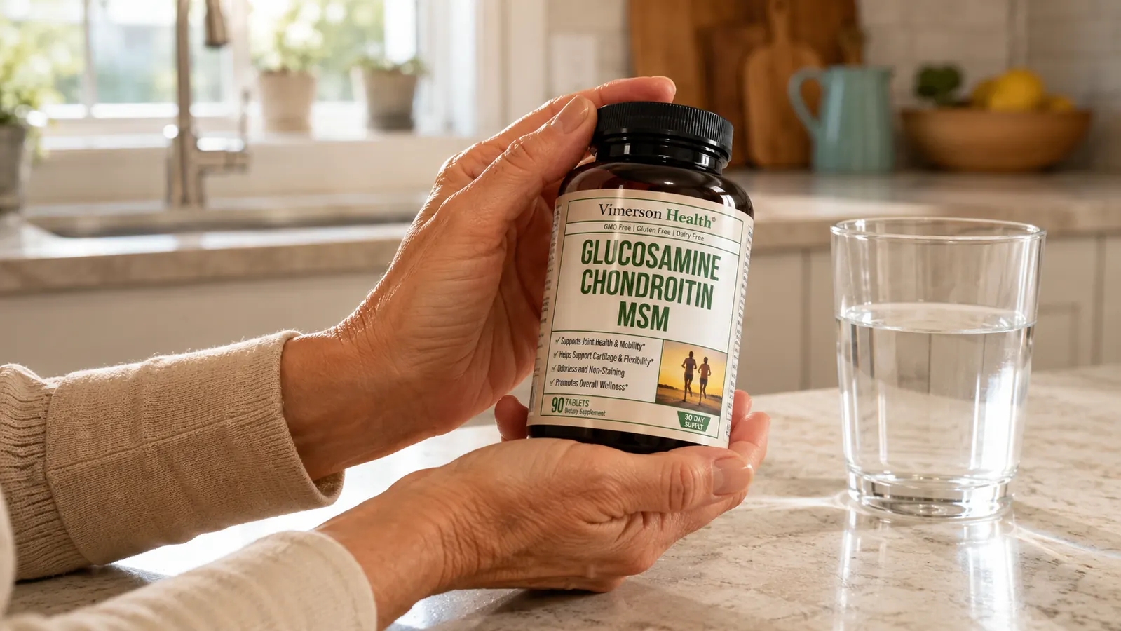 Close-up of hands holding a bottle of Vimerson Glucosamine Chondroitin MSM capsules next to a glass of water on a kitchen counter