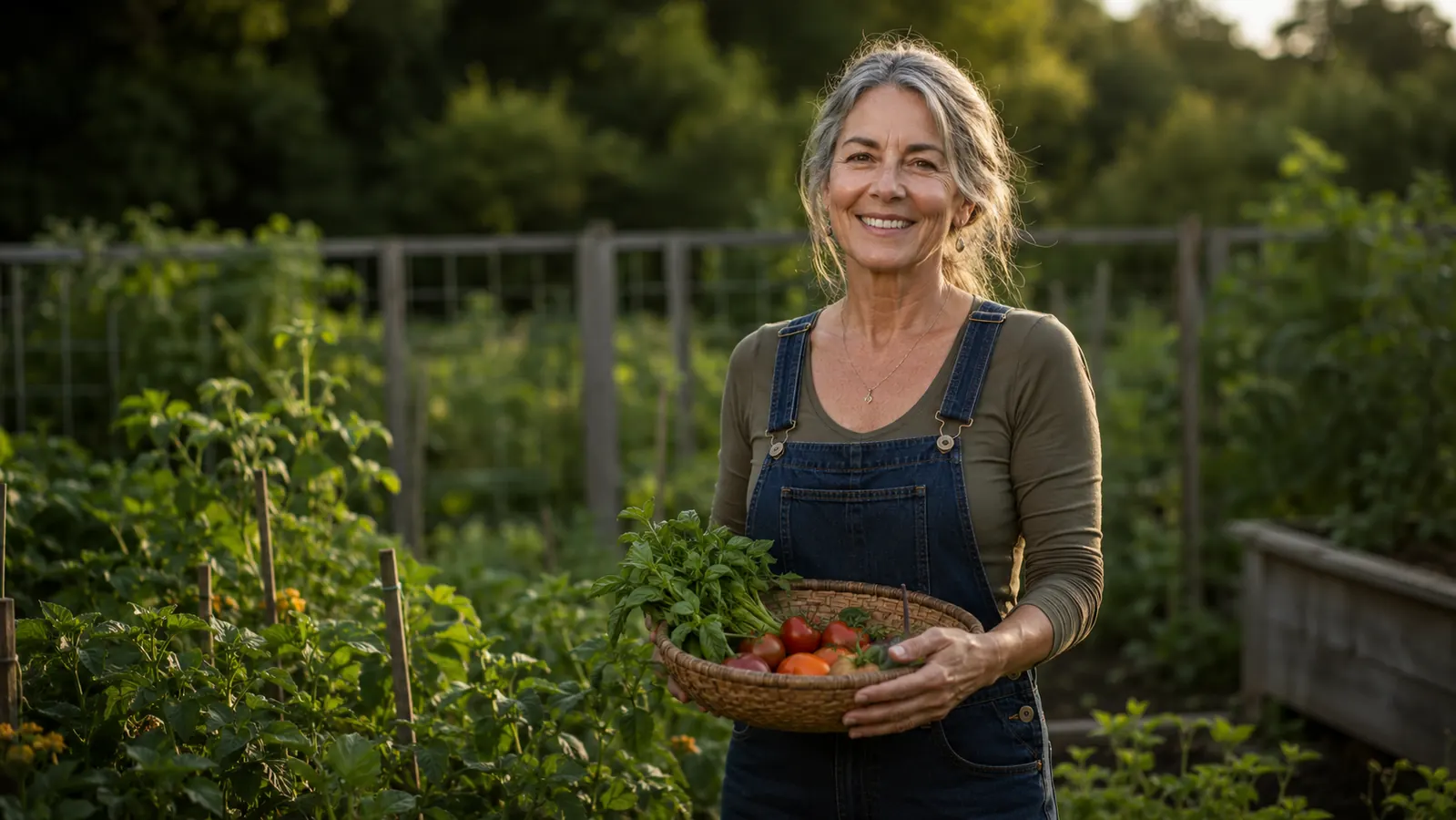 Senior woman standing upright in her garden, smiling, holding a basket of harvested vegetables in the late afternoon sun