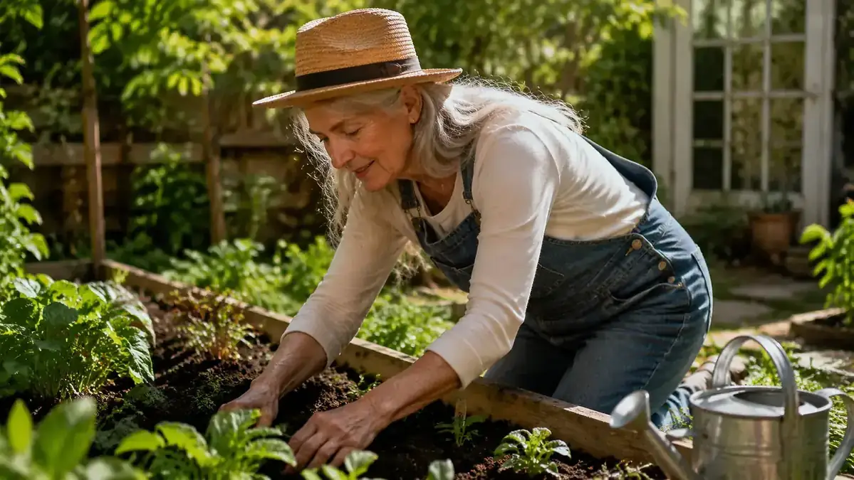 Older woman in a wide-brimmed straw hat kneeling beside a raised garden bed, hands in the soil on a bright spring morning