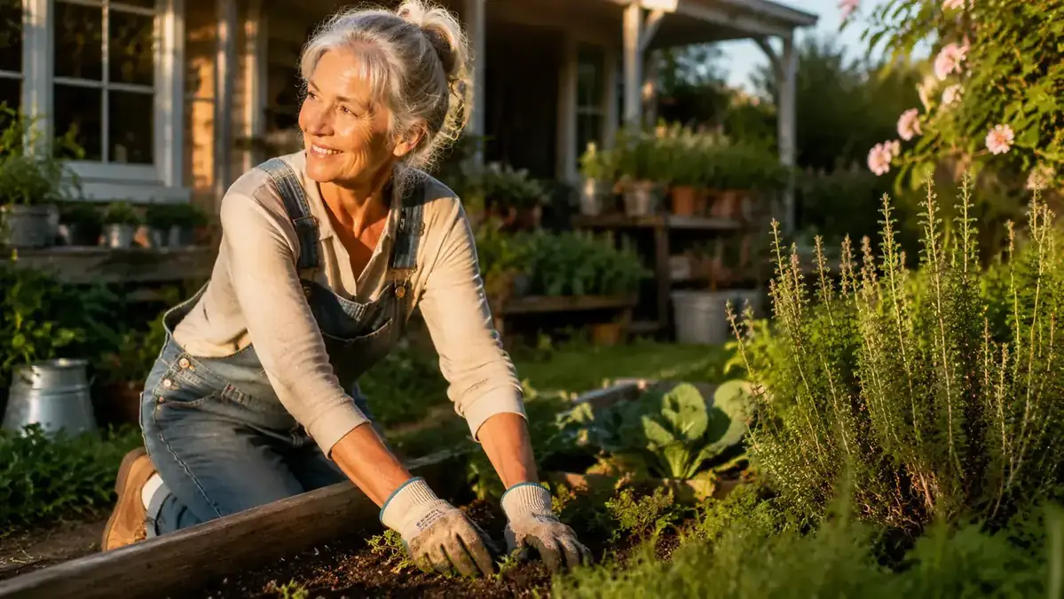 Active older woman gardening in late afternoon sunlight, kneeling beside a raised bed with visible energy and focus