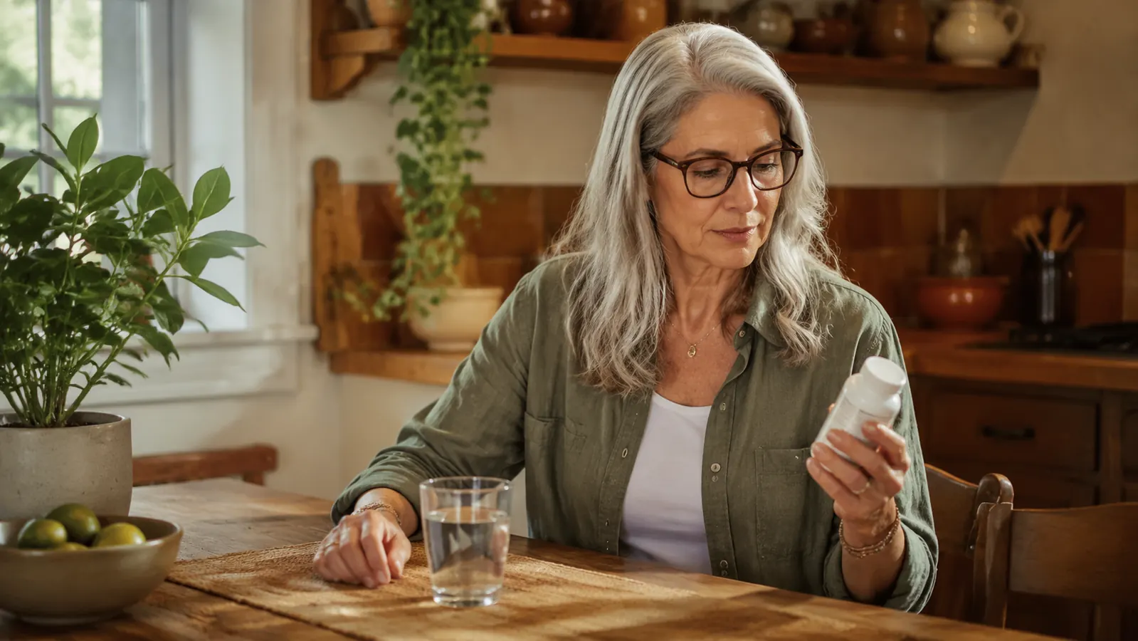 Woman in her early sixties drinking water at a sunny kitchen table with a small supplement bottle nearby, looking alert and relaxed in the early afternoon