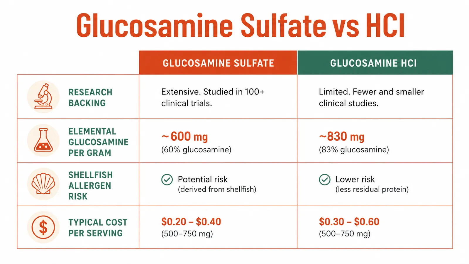 Simple chart comparing glucosamine sulfate versus glucosamine HCl: absorption rate, research volume, and shellfish content