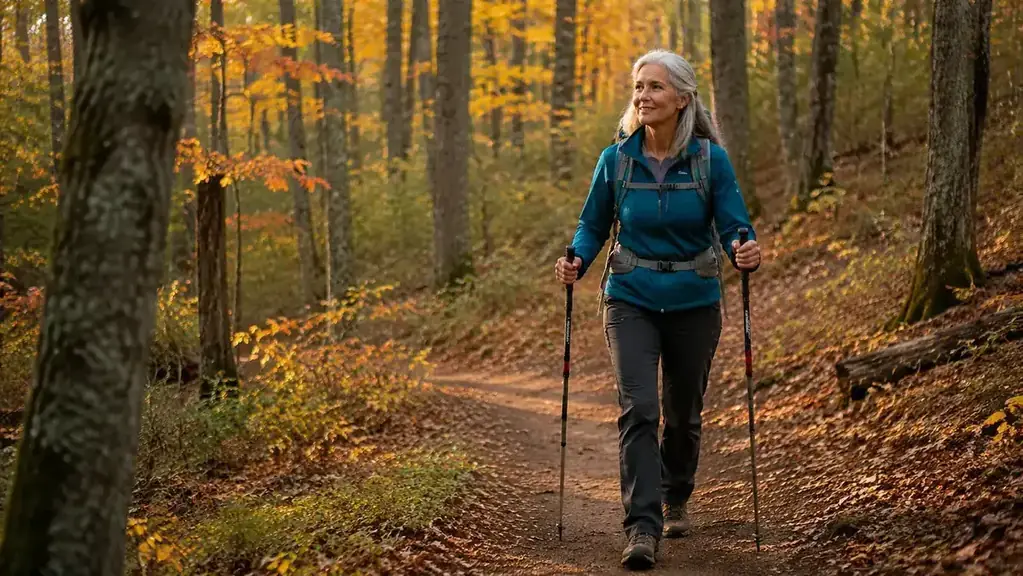 Woman in her 60s walking a trail with trekking poles in autumn foliage
