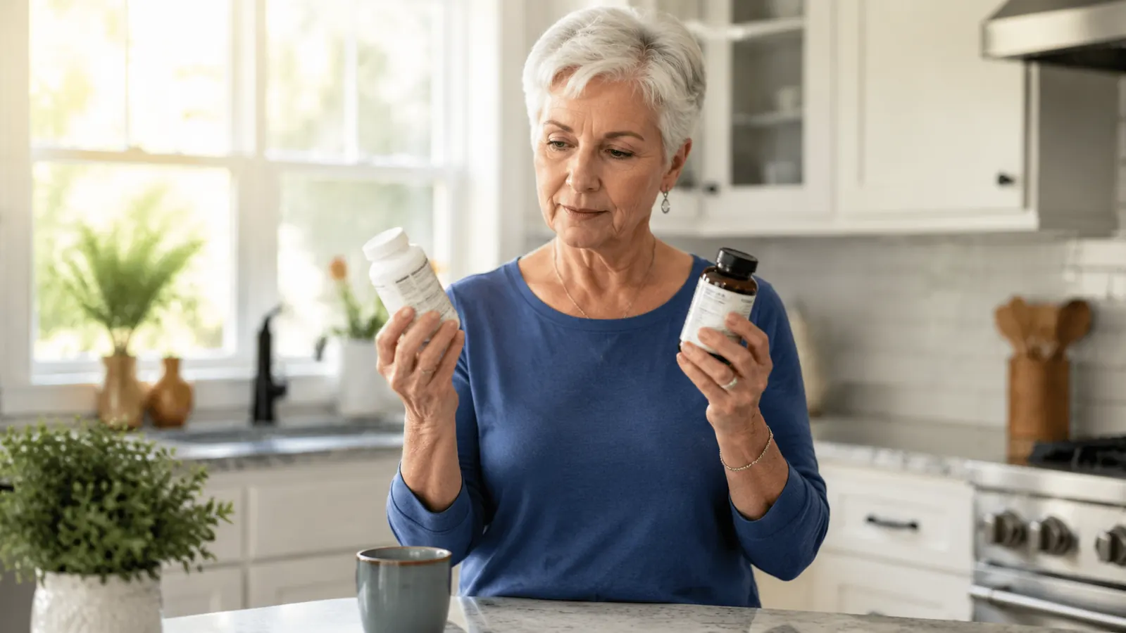 Active woman in her early 60s reading supplement labels at a kitchen counter, morning light through the window