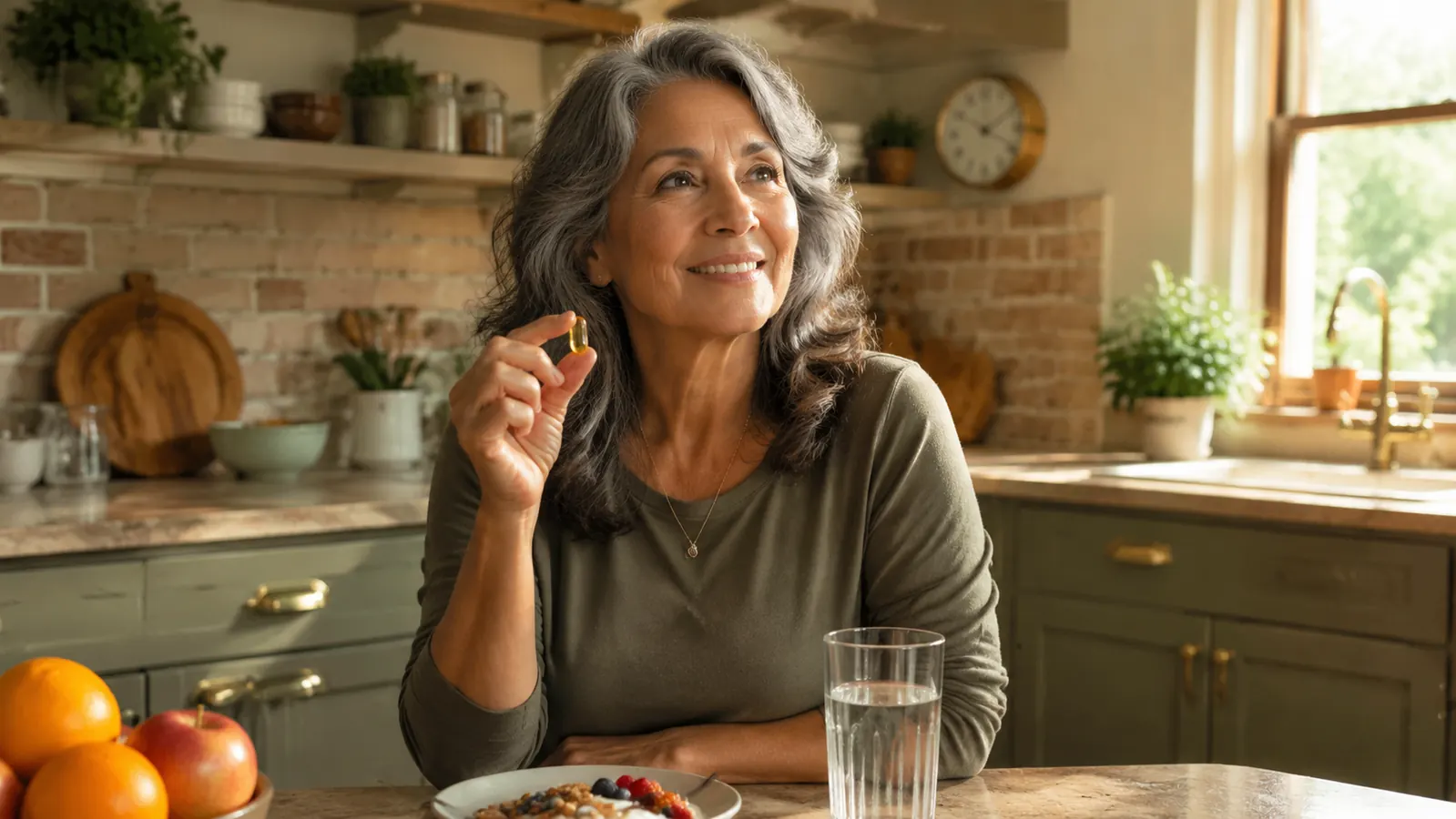 Woman in her sixties at a kitchen counter pouring fish oil softgels into her palm beside a glass of water and a plate of scrambled eggs
