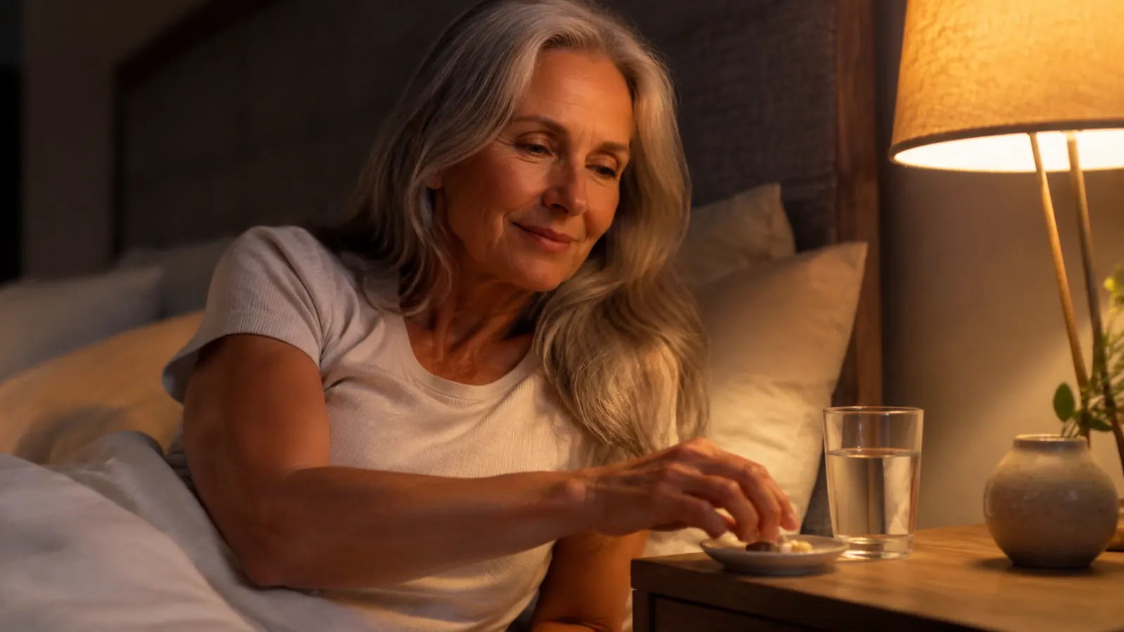 Warm bedroom at night, soft lamp light on a nightstand with a glass of water and two capsules beside it