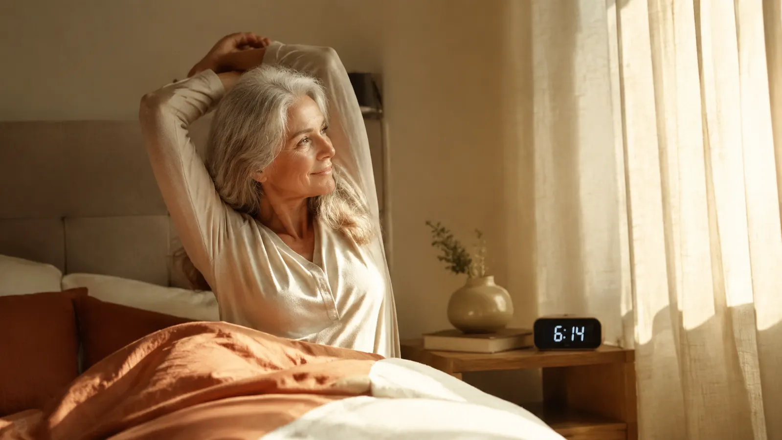 Soft early morning light falling across a quiet bedroom, an alarm clock reading 6:14am on a nightstand beside a glass of water