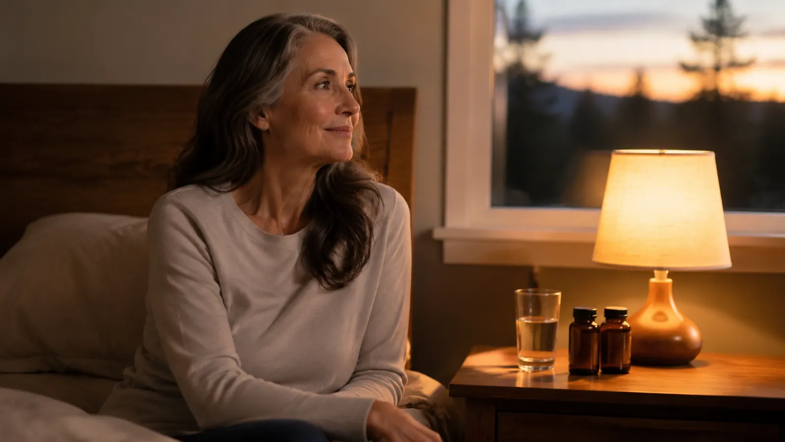 Two supplement bottles side by side on a wooden nightstand next to a glass of water, warm bedroom lamp light, calm evening atmosphere