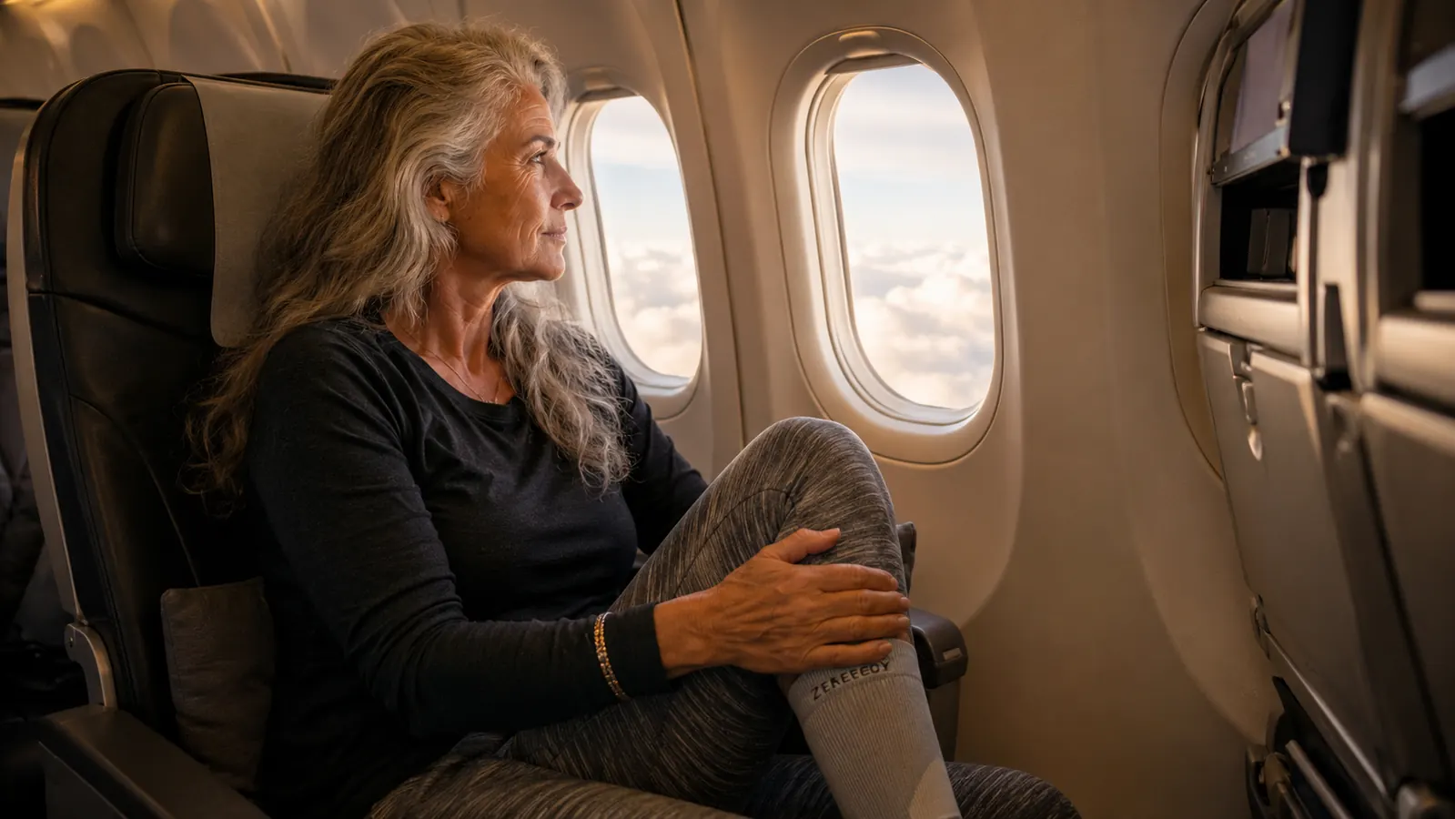 Woman in window seat on airplane looking out at clouds, compression socks visible on her feet, warm morning light