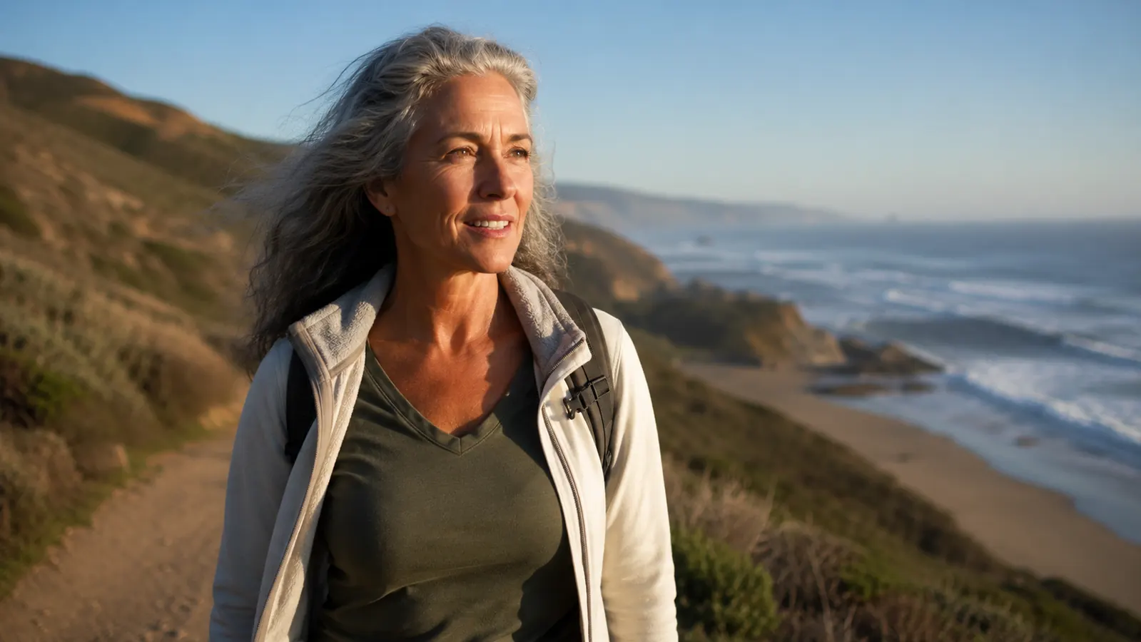 Active woman in her sixties walking a coastal trail, looking alert and energized, ocean in background