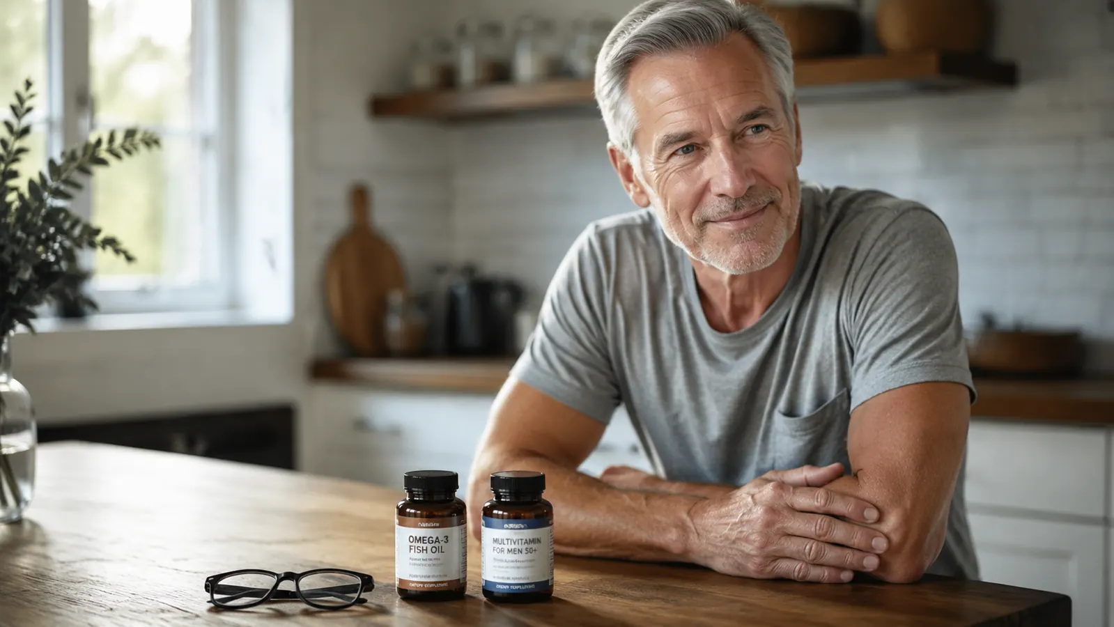 Two supplement bottles side by side on a wooden kitchen counter, one labeled fish oil and one labeled flaxseed oil, morning light through a window