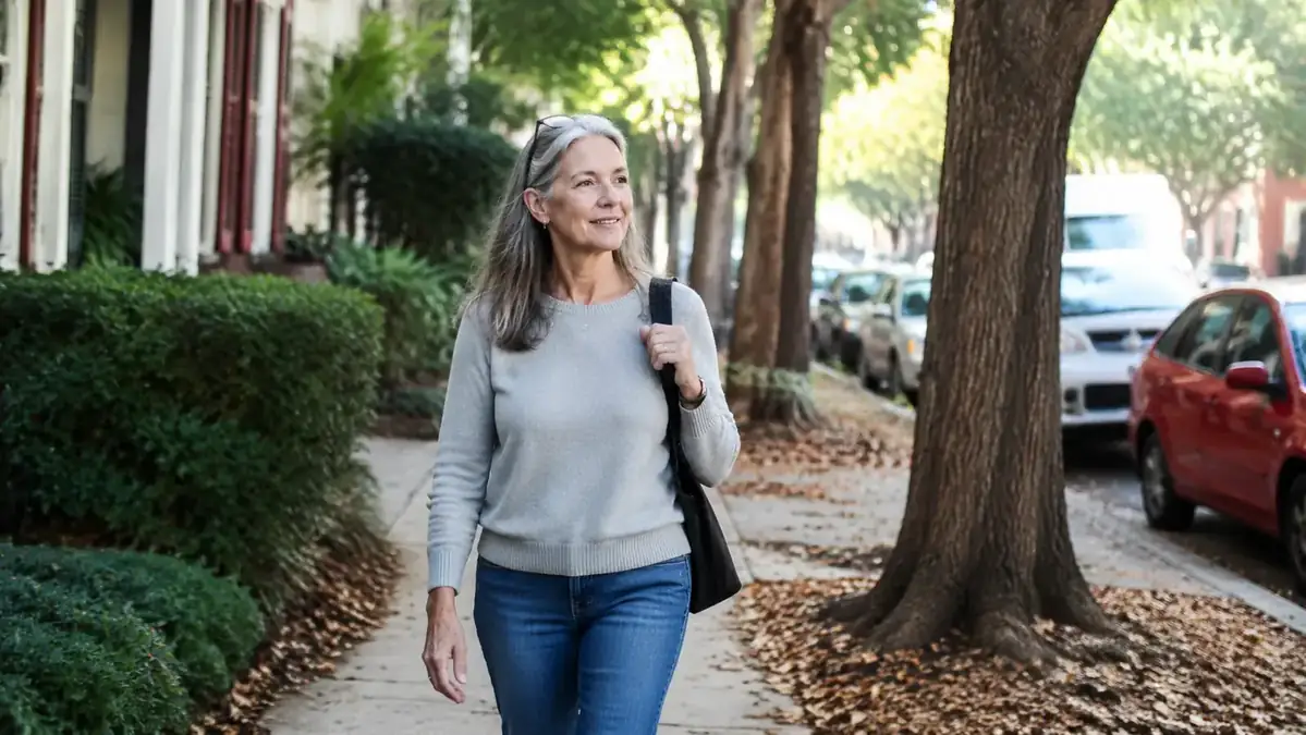 Older adult woman walking outdoors on a neighborhood sidewalk in the afternoon, relaxed expression, casual clothing, trees in background