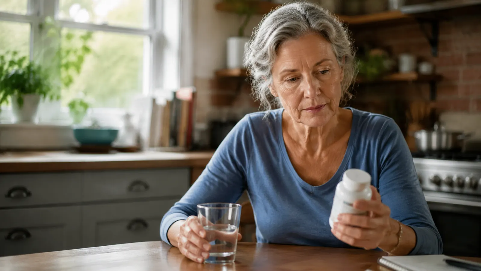 Woman in her early sixties sitting at a sunlit kitchen table with a glass of water and a bottle of B-complex capsules nearby, looking thoughtful rather than enthusiastic