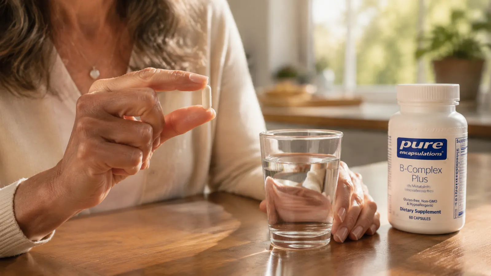 Hand holding a single Pure Encapsulations B-Complex Plus capsule next to a glass of water on a wooden kitchen table