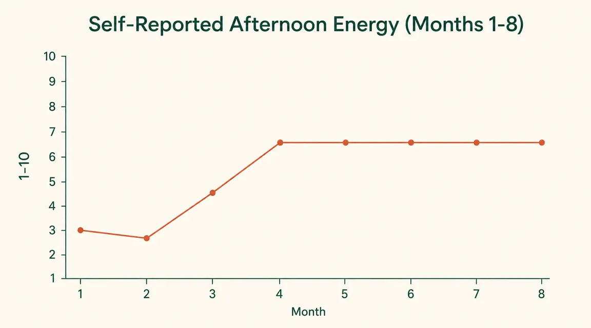 Simple line chart showing reported afternoon energy levels over eight months, rising from low in month one to stable and moderate by month four