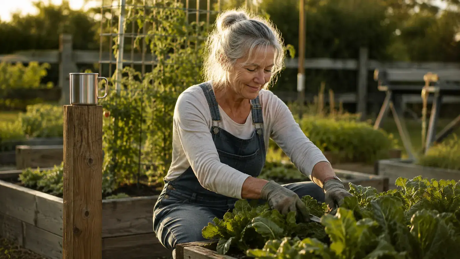 Woman in her early sixties gardening in morning light, looking energized and focused among raised beds with coffee nearby