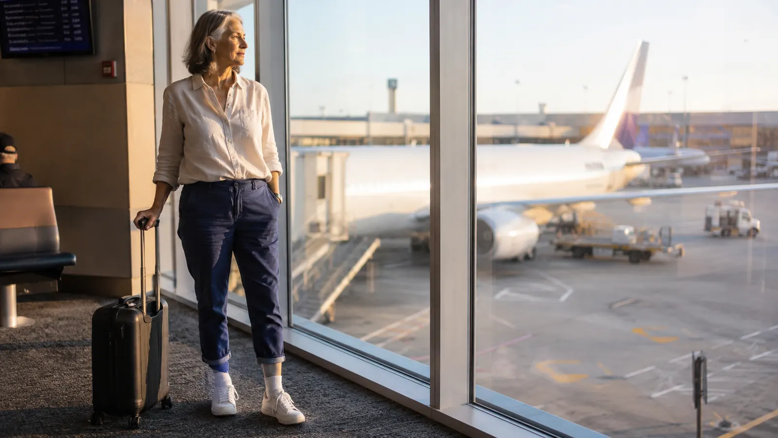 Active woman in her 60s standing at an airport gate window, wearing compression socks visible beneath rolled travel pants