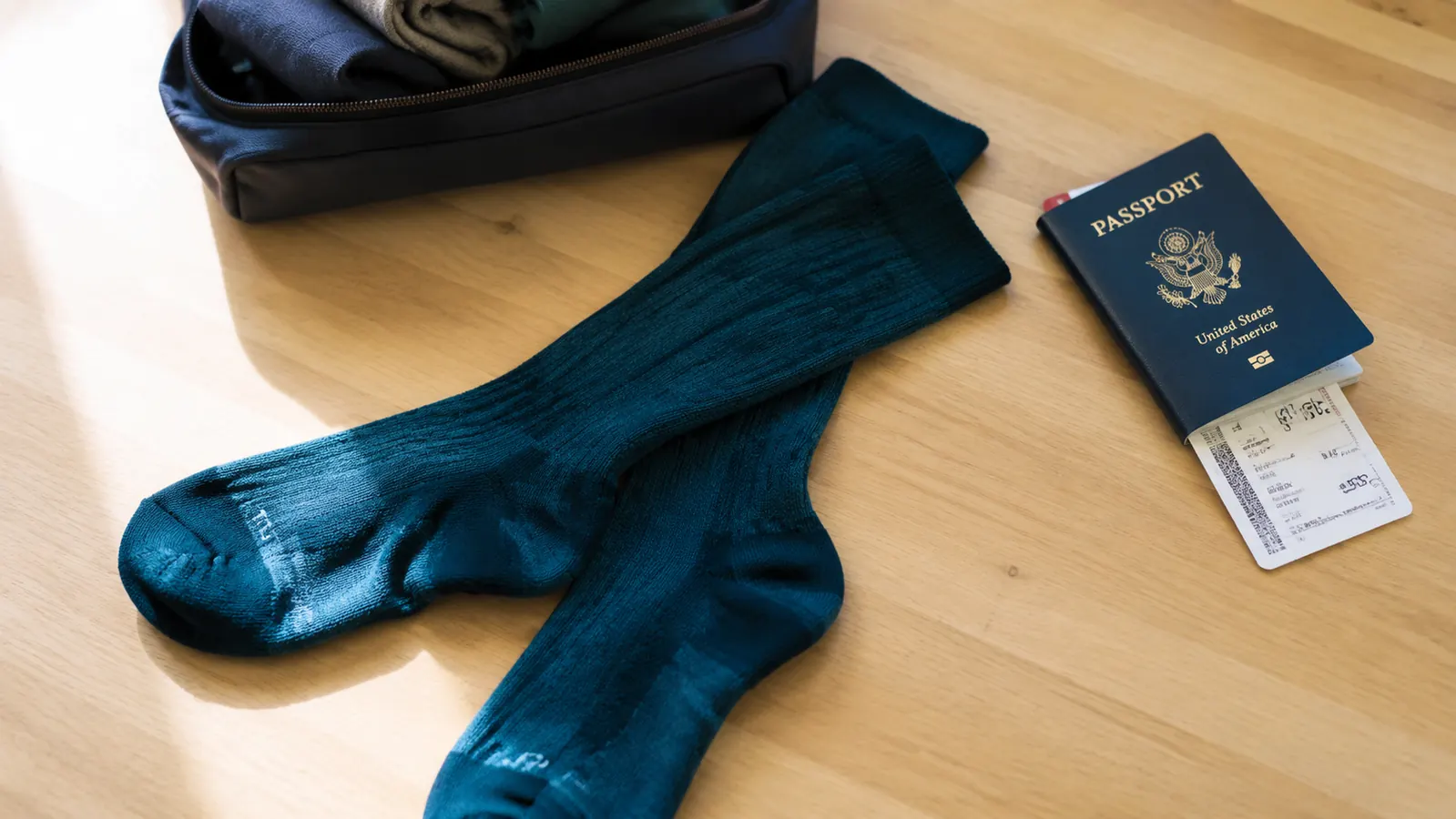 Pair of Sockwell Circulator compression socks laid flat on a wooden surface next to a packed travel bag