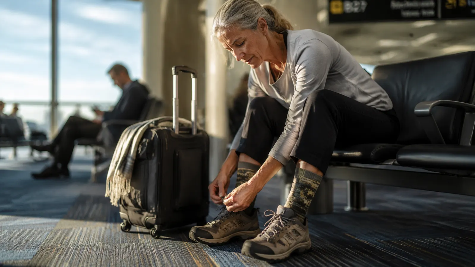 Woman in her sixties lacing up walking shoes with patterned compression socks visible, seated on a bench at an airport gate with carry-on luggage beside her