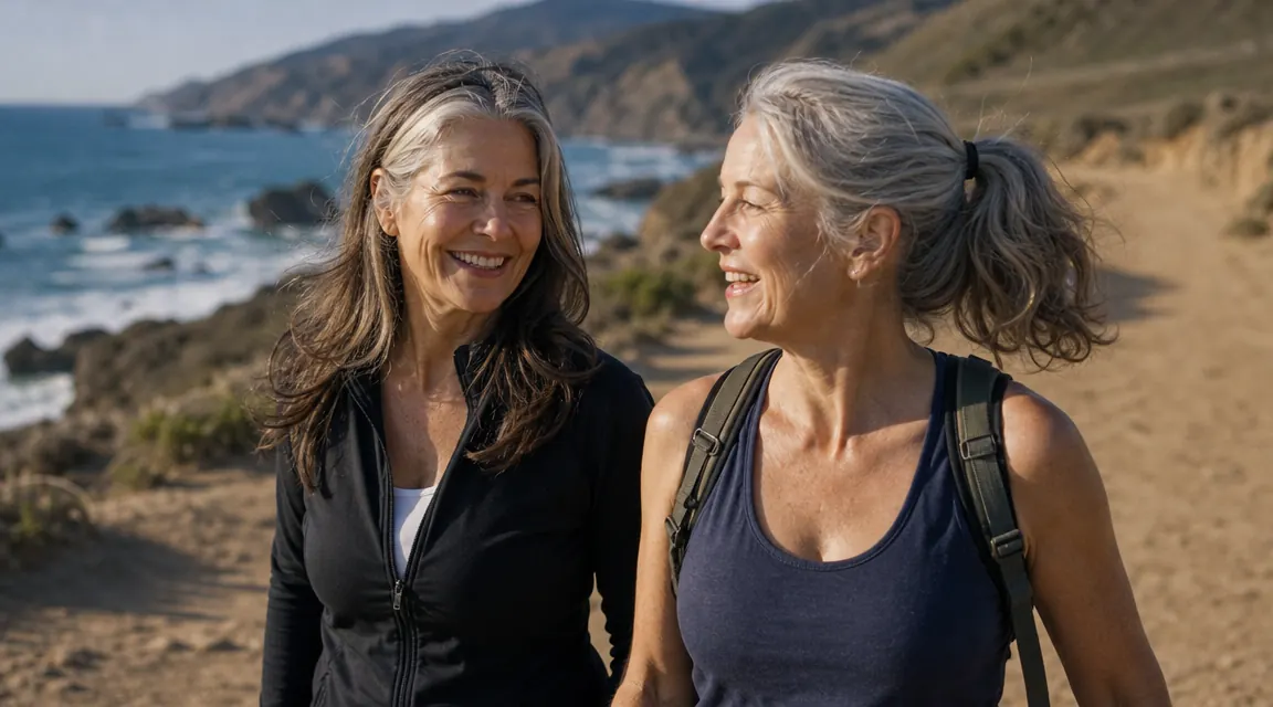 Woman walking on a coastal trail with a friend, both in their sixties, relaxed and laughing, morning light