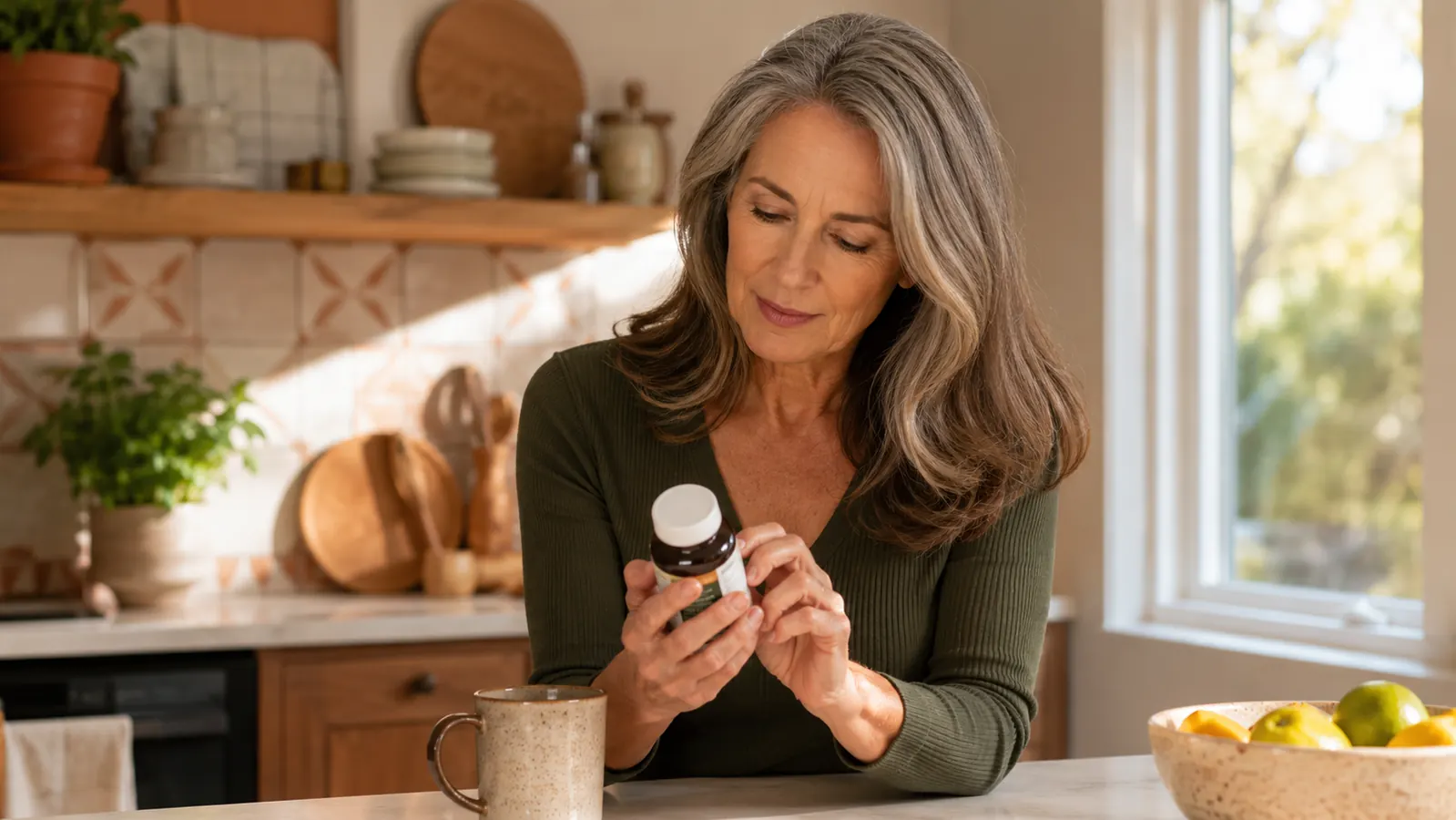 Woman in her early sixties reading a supplement label at a kitchen counter, morning light through window, skeptical but curious expression