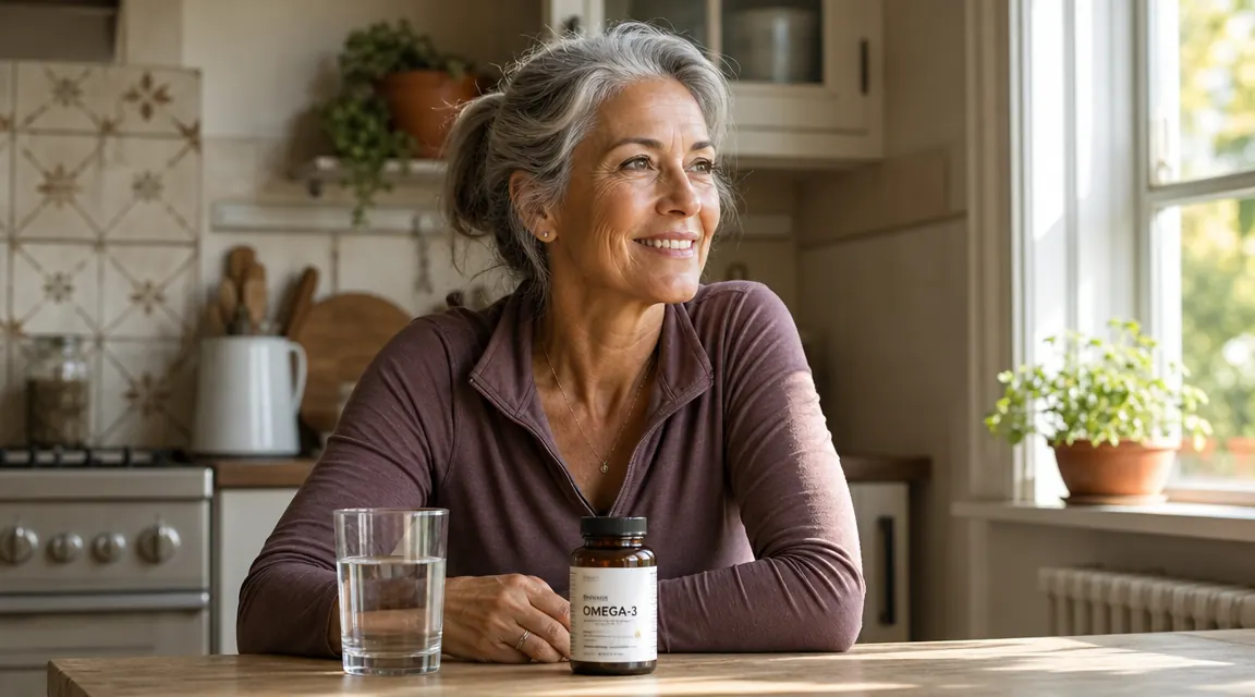 Older woman sitting at a sunlit kitchen table with a glass of water and a bottle of fish oil capsules, relaxed morning expression