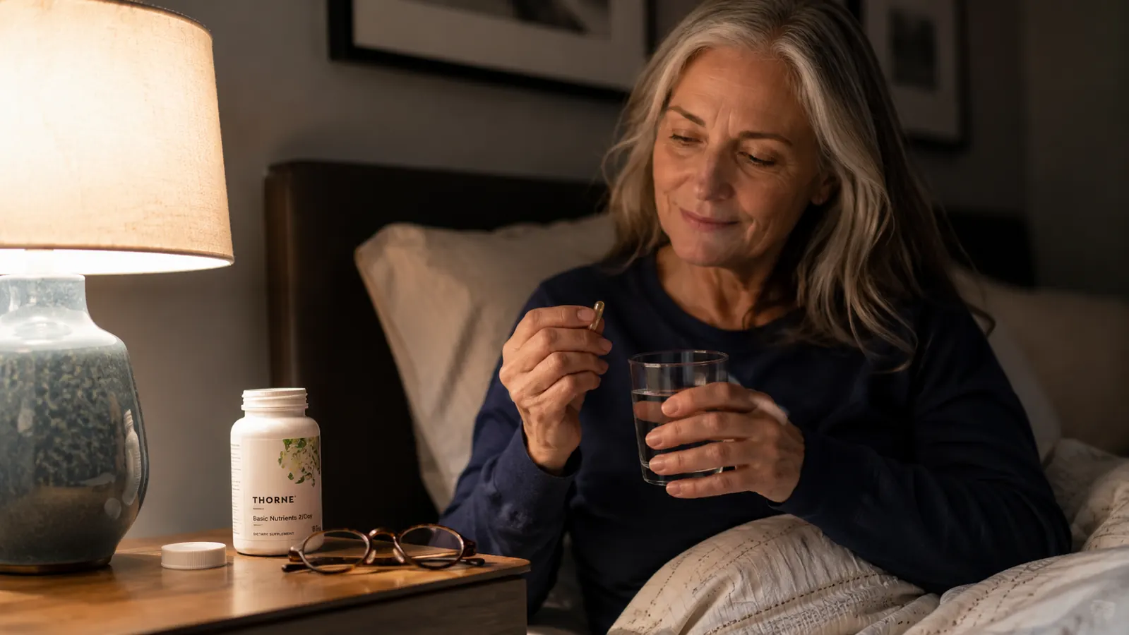 White supplement bottle of Thorne Magnesium Glycinate on a wooden nightstand beside a glass of water and reading glasses in soft lamp light